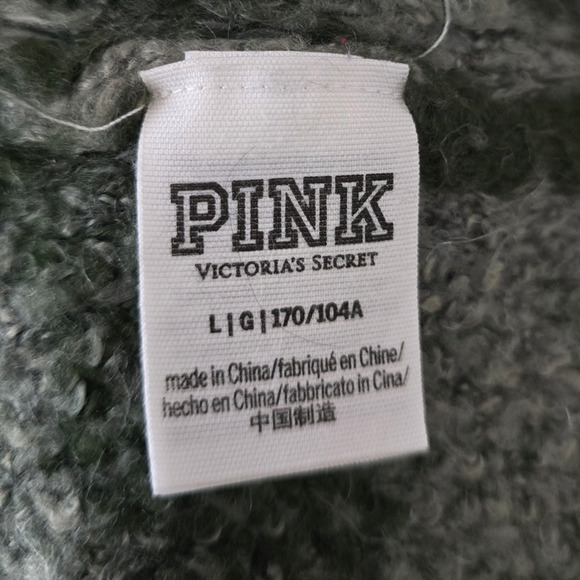 Victoria Secret Pink Green Camouflage Tight Knit Fuzzy Hooded Pullover Jacket L - Picture 4 of 5